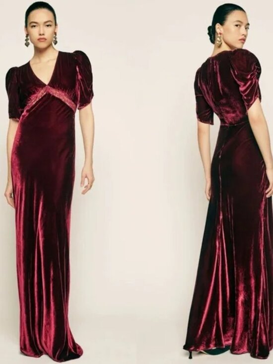 Reformation Dresses & Skirts - Reformation Malaga Velvet Dress in Chianti Lace Pouf Sleeve Plunge Neck Floor